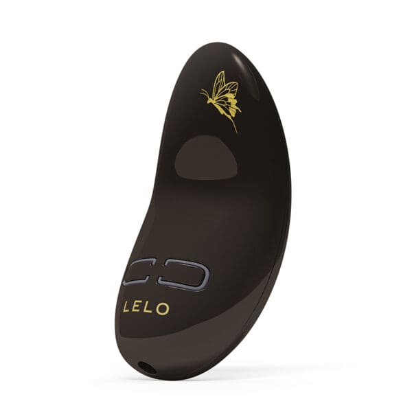 Black Lelo toy with gold butterfly.