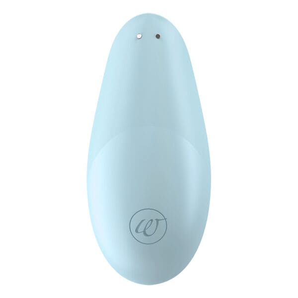 A light blue object with a white logo.