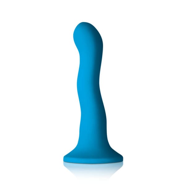 Blue silicone sex toy on white background.