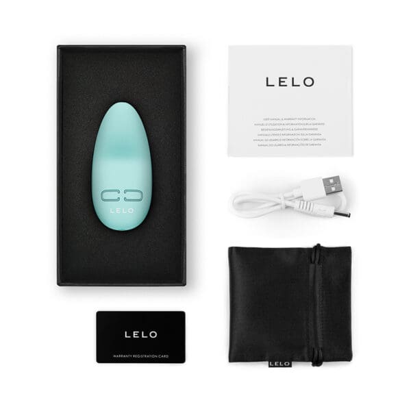 Teal Lelo toy with charging cable and bag.