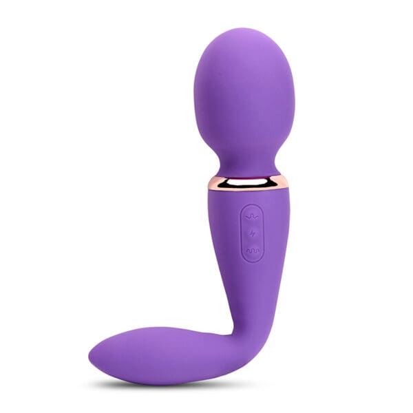 Purple and gold curved sex toy.