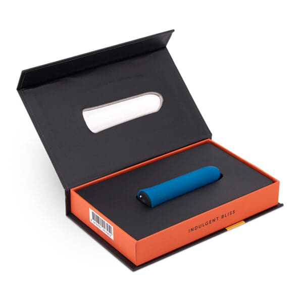 Blue vibrator in black and orange box.