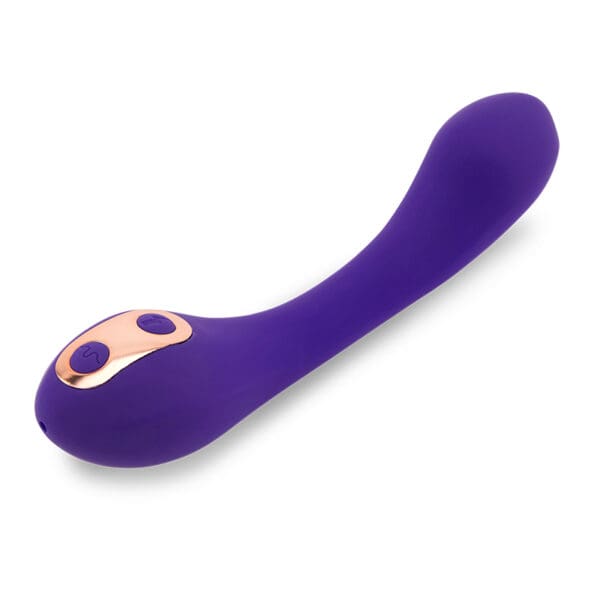 Purple curved sex toy with buttons.