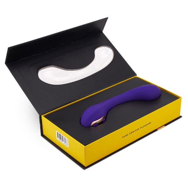 Purple sex toy in black and yellow box.