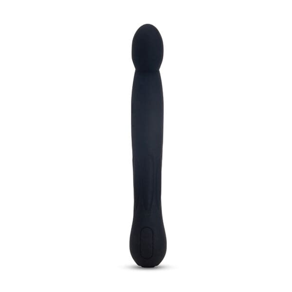 Black silicone pleasure product with button.