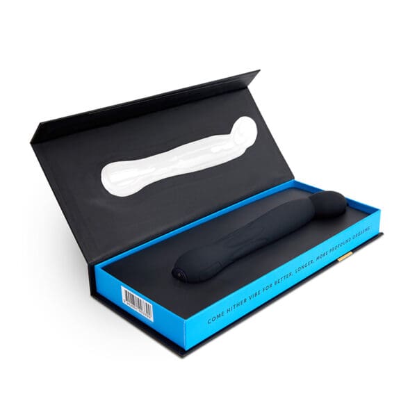 Black sex toy in blue and black box.