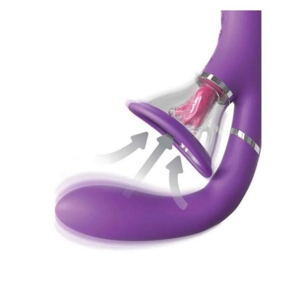 A purple sex toy with a pink dildo in it's mouth.