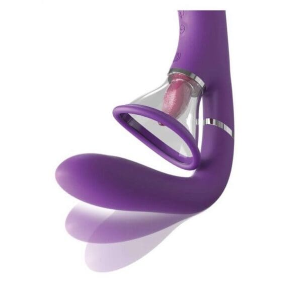 A purple sex toy is attached to the side of a woman 's body.