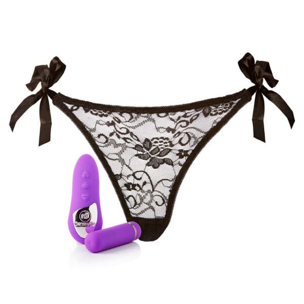 Black lace thong with purple vibrators.