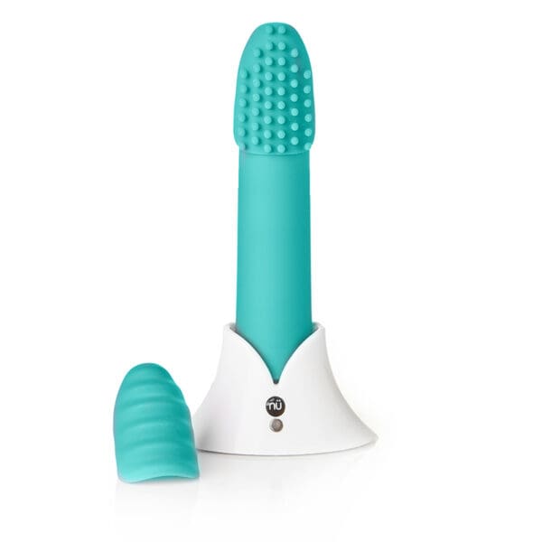 Teal and white intimate toy with attachments.