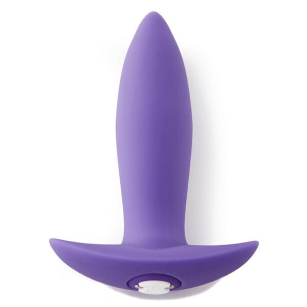 Purple silicone butt plug with white button.