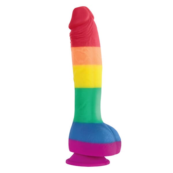 Rainbow silicone sex toy on white background.