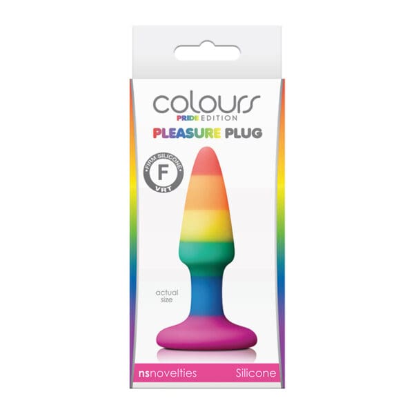 Rainbow silicone pleasure plug in packaging.