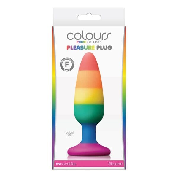 Rainbow silicone pleasure plug in packaging.