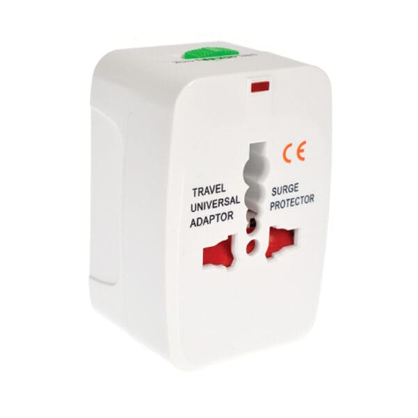A white travel adapter with the words " travel universal adaptor / globe protector ".