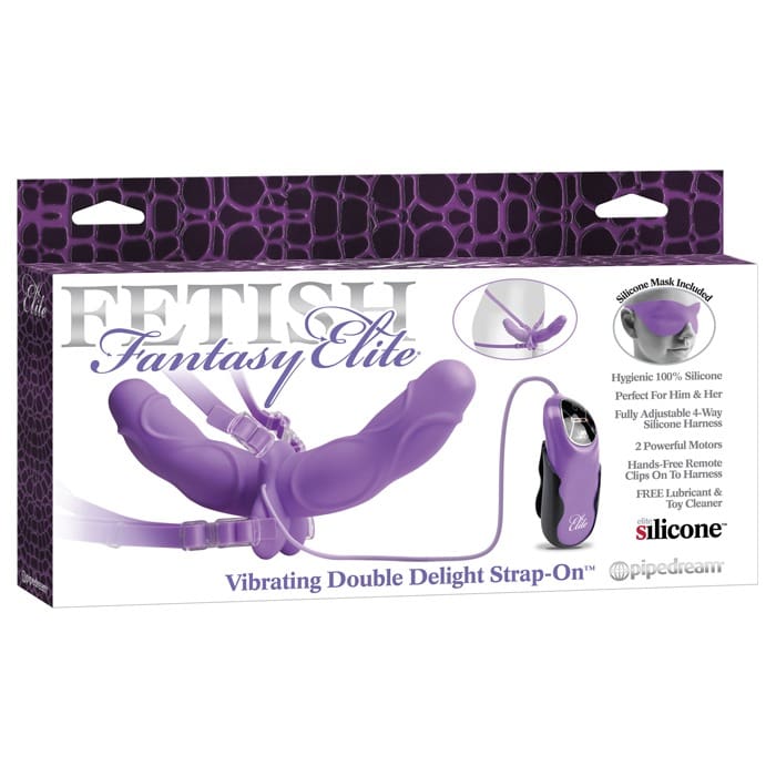 A box of the fetish fantasy elite vibrating double delight strap-on.
