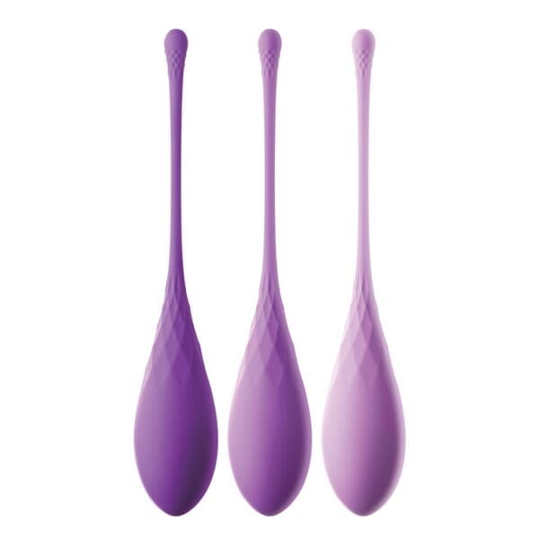 A set of three purple spoons with different shapes.