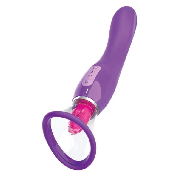 A purple and pink vibrator is laying on the floor