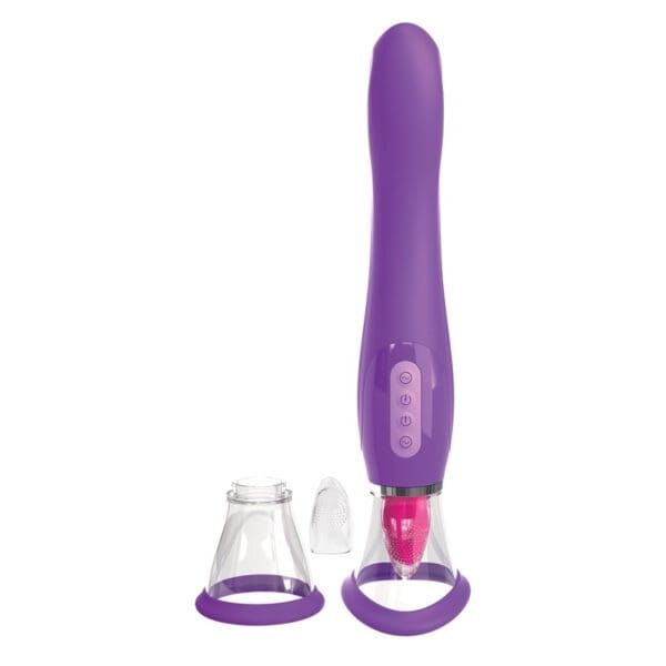 A purple and pink electric toothbrush with its handle up.