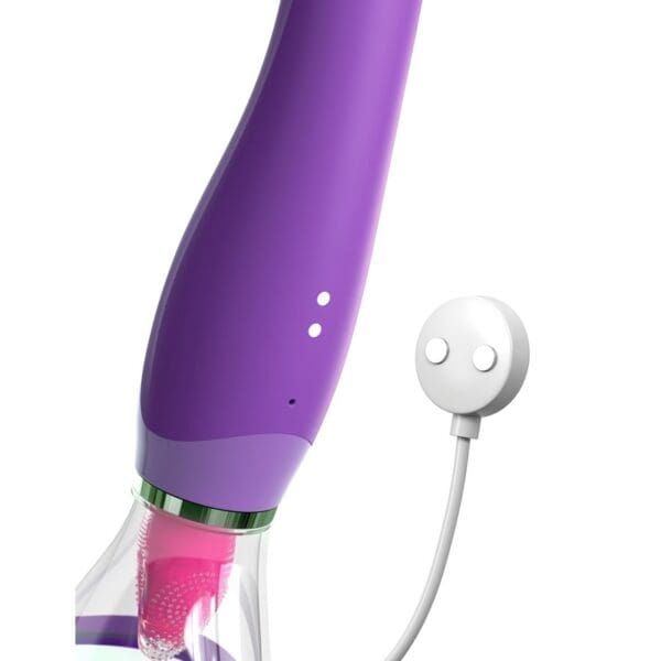 A purple electric toothbrush with pink and white teeth.