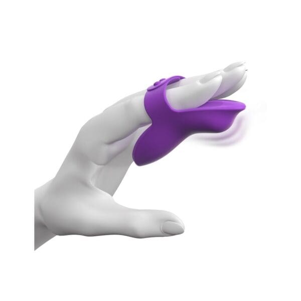 A hand with purple fingers and one finger extended.