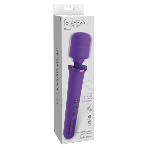 Purple rechargeable wand massager in box.