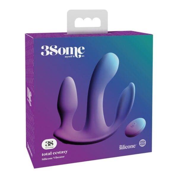 A package of three different sizes of purple and blue sex toys.