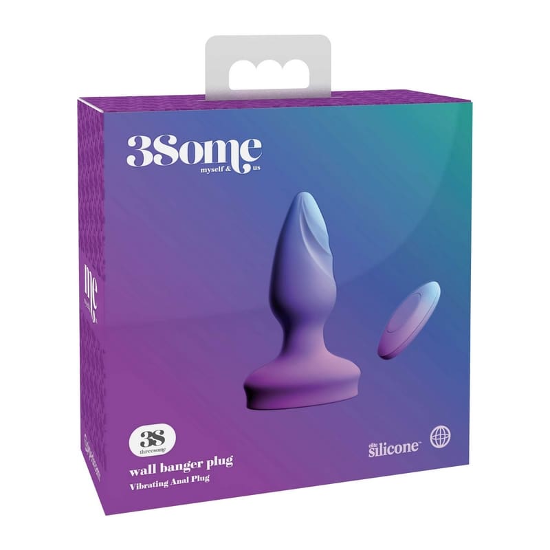 A package of the 3 some with a purple butt plug.