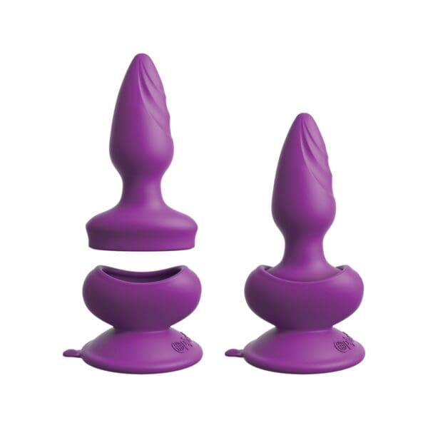 A purple butt plug is shown in three different positions.