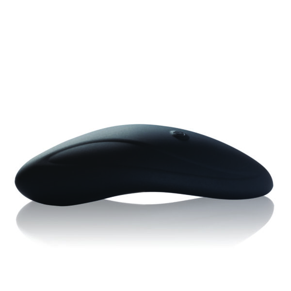 Black curved sex toy with button.