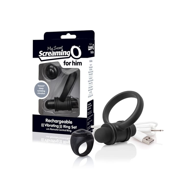 A package of the o for him rechargeable cock ring set.