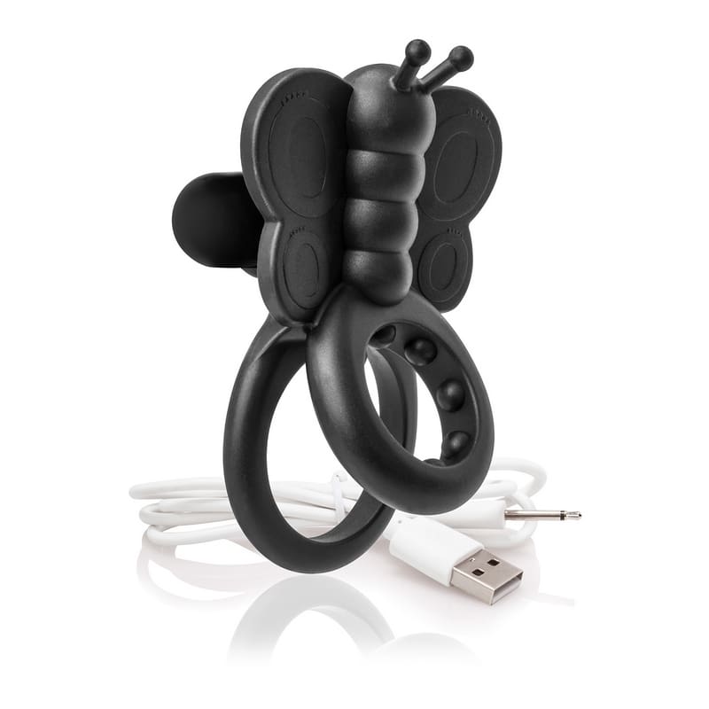 Black butterfly-shaped vibrating ring with USB charger.