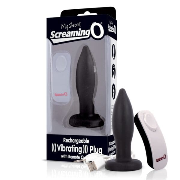 Black rechargeable vibrating butt plug with remote.