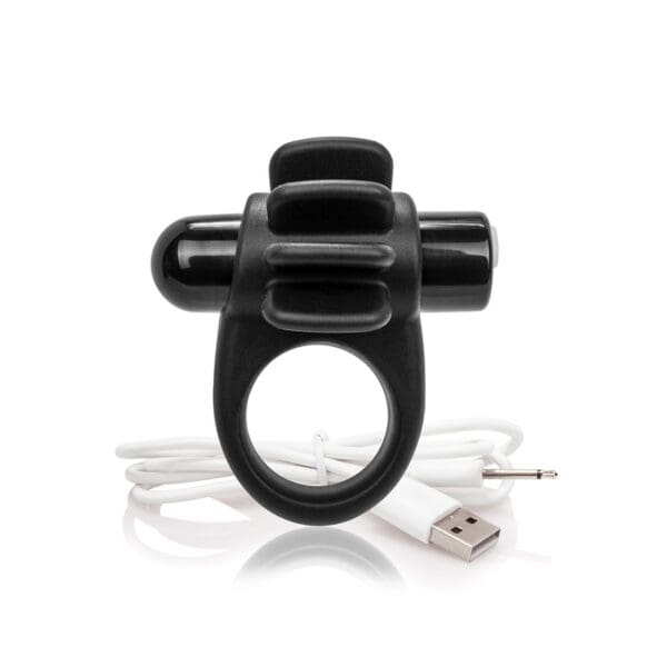 Black rechargeable cock ring with USB charger.