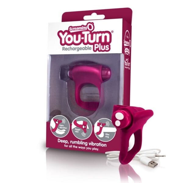 Pink rechargeable vibrating ring in packaging.