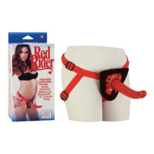 A red and black harness is in front of the package.