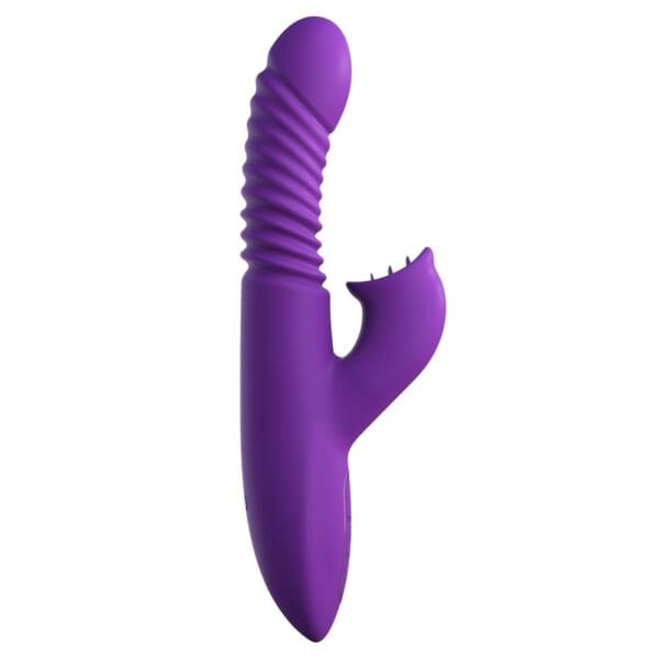 A purple toy is shown with a long tail.