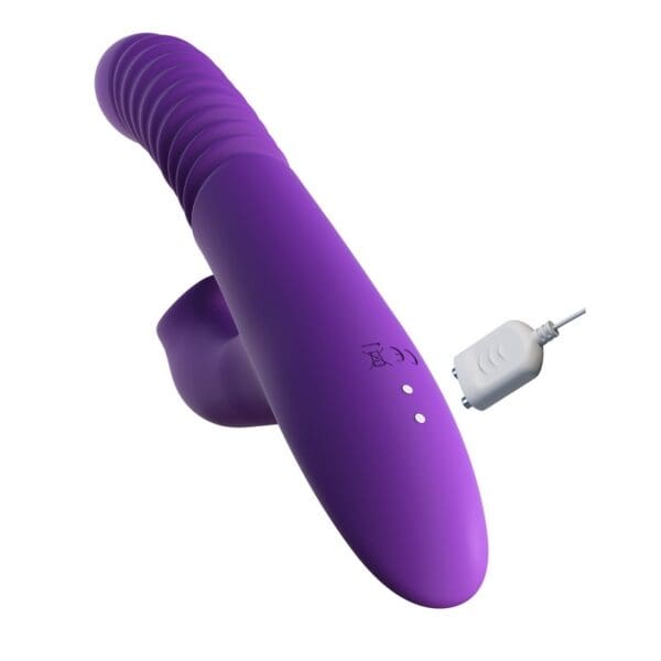 A purple vibrator is shown with the cord plugged in.