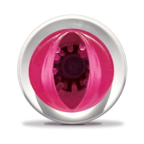 A pink and white button with a black eye.