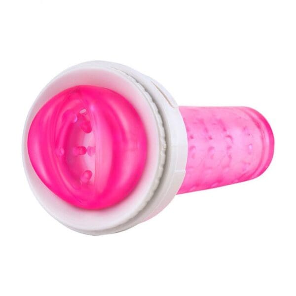 A pink condom with white rim and logo.