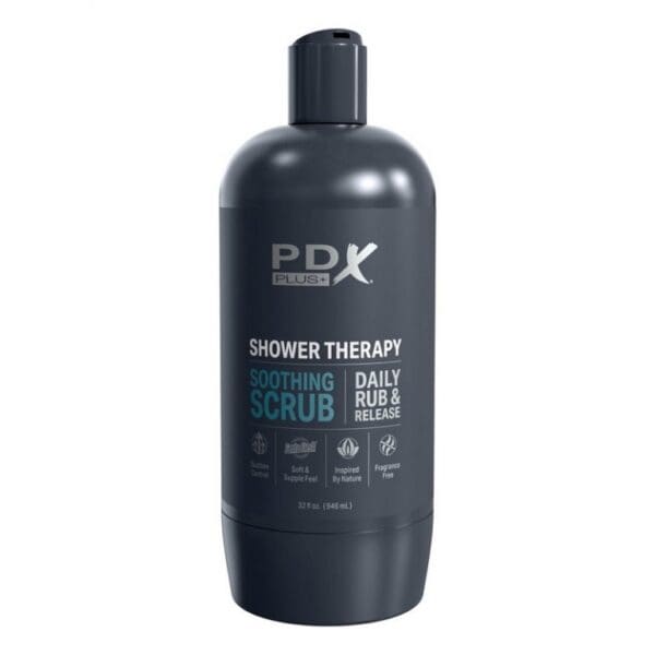 A bottle of shower therapy with the words pdk in large letters.