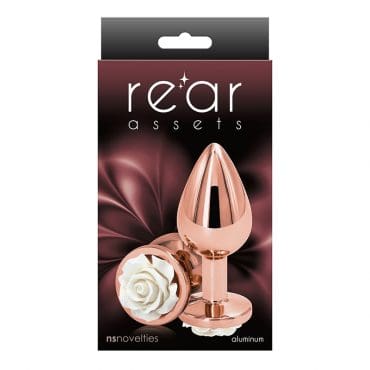 Rose-shaped butt plug in rose gold.