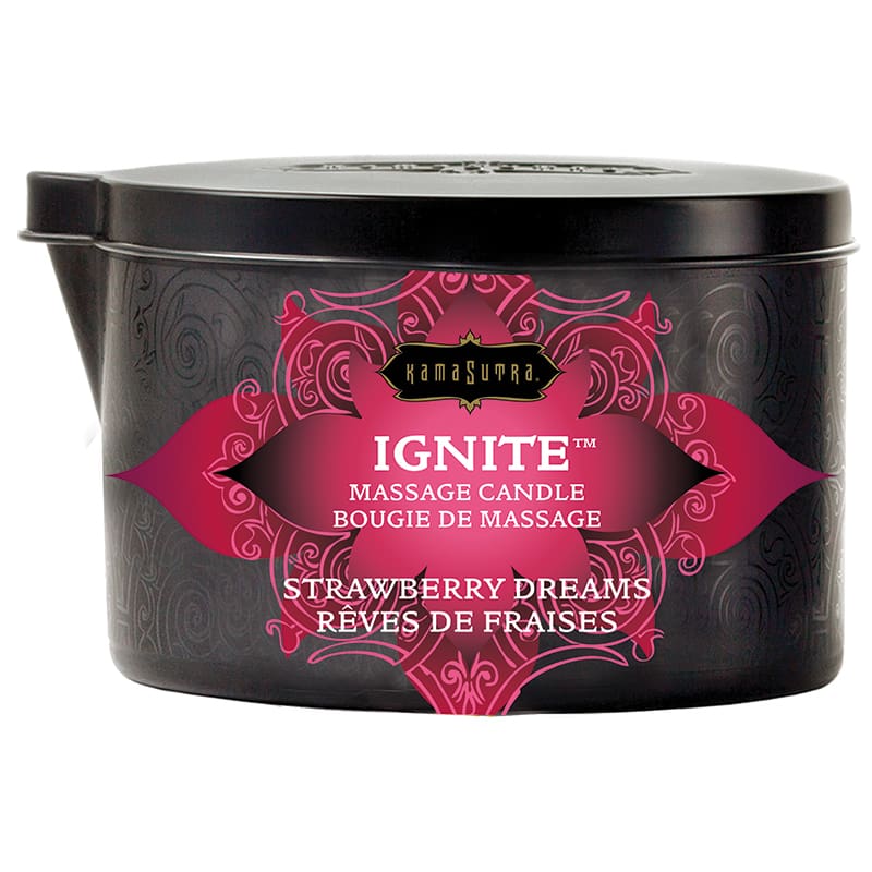 A container of candle with the word " ignite " written on it.