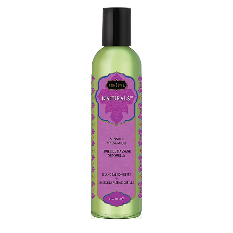 A bottle of massage oil with purple label.