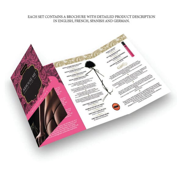 A brochure with an open cover and a pink background