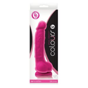 A pink dildo in packaging with the logo of colours.