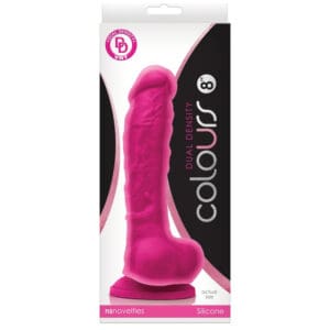 A pink dildo in packaging with the word " colours " written on it.