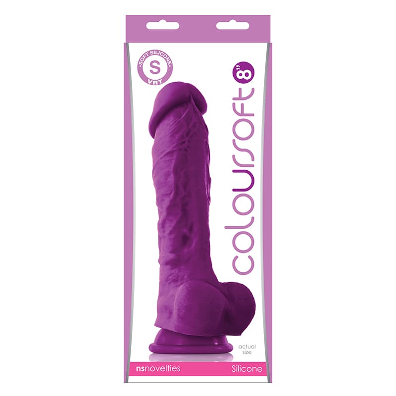 A purple dildo is in the package.