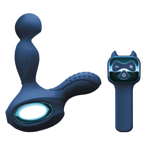 A blue device with a cat shaped head and a remote control.