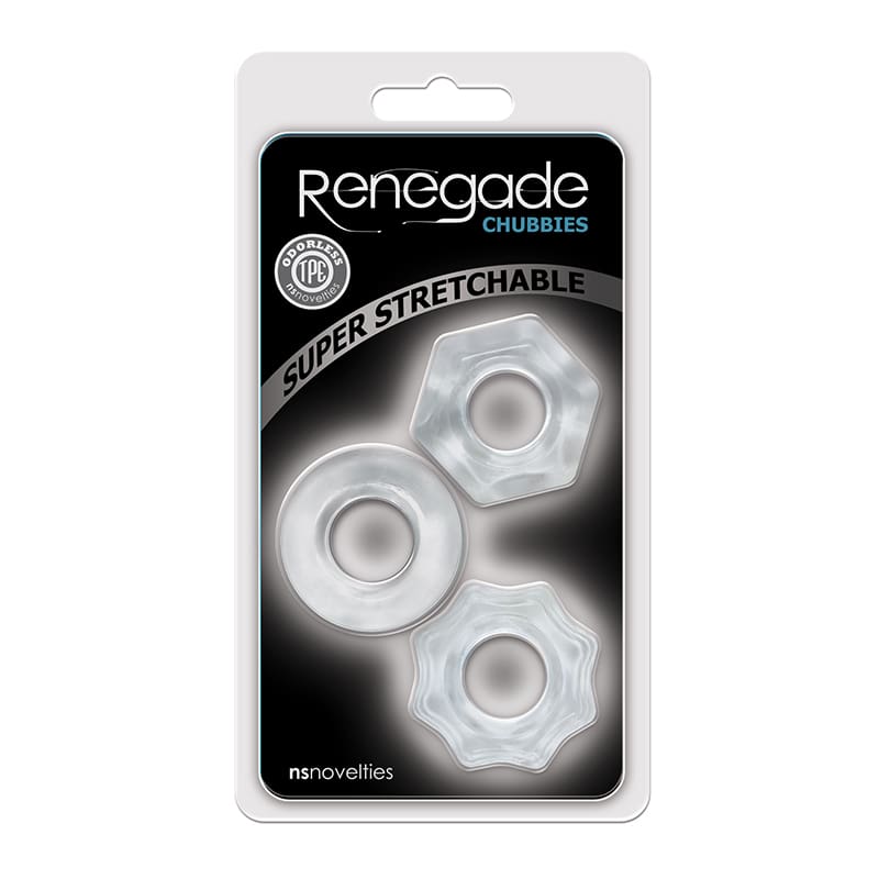 A package of renegade condoms with three different sizes.